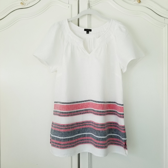 Talbots White Stripe 100% Linen Flutter Sleeve Smocked Notch Neck Top Medium - Picture 2 of 5